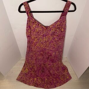 Women’s VNTG Sleeveless V-Neck Printed Sundress Fuchsia & Yellow XXL 100% Rayon